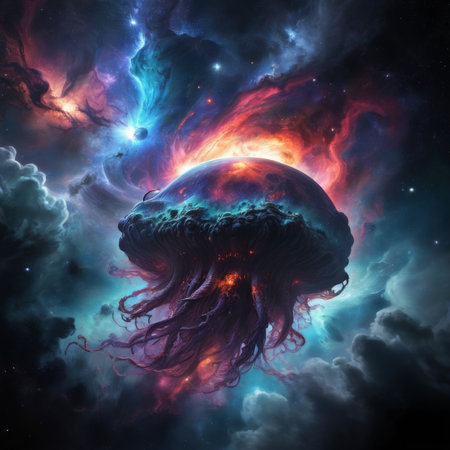 Jellyfish in deep space with stars and nebula. 3D renderingの素材