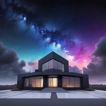 3D render of a modern house against aurora borealis in the skyの素材