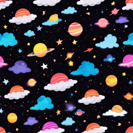 Seamless pattern with cartoon planets, stars and clouds. Vector illustrationの素材
