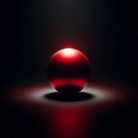 abstract red sphere on a dark background with rays of light.の素材