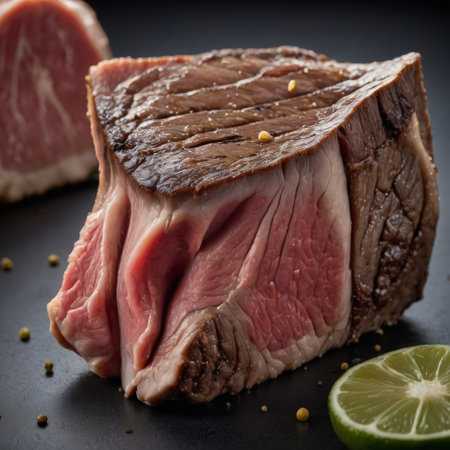 Sliced roast beef with lime and pepper on a black backgroundの素材