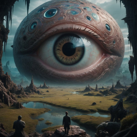 Man looking at the eye of a strange creature. 3D renderingの素材