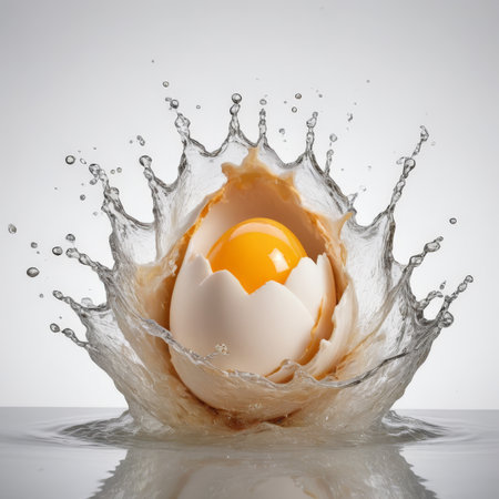 Broken egg in water splash, isolated on white background. Studio shot.の素材