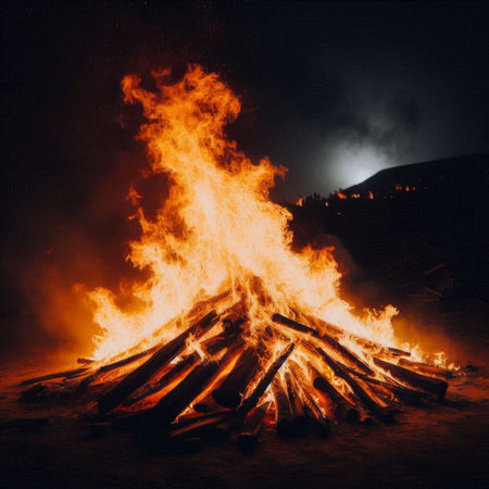 Bonfire at night in the mountains. Photo in old image style.の素材