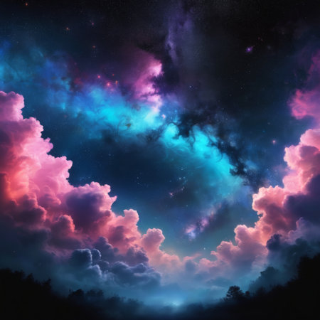 Night sky with clouds, stars and nebula. 3D renderingの素材