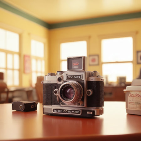 Vintage camera on a table in a restaurant, shallow depth of fieldの素材