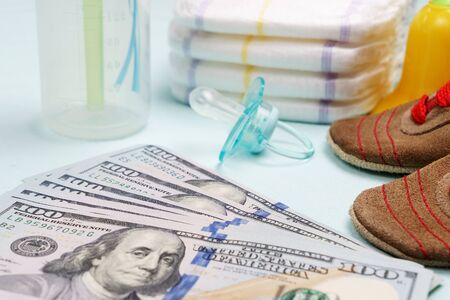 concept of expenses and outlay for needs of newborn baby or infant. Include nepple, diapers and hygieneの写真素材
