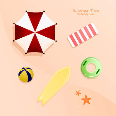 summer item flat illustration set collection, EPS layer include volley ball, surfboard, umberella, mat, and tire buoyのイラスト素材