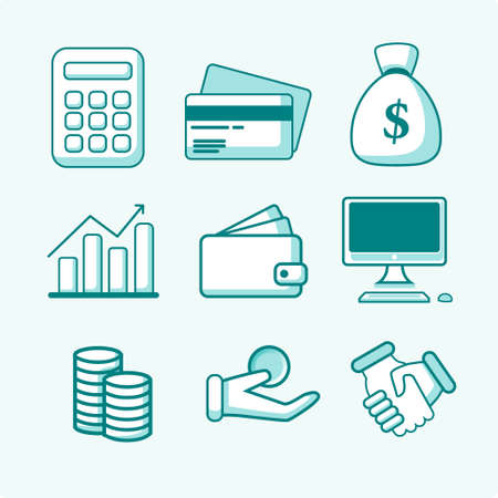 finance icon set with 2 color green and dark green such as calculator, debit card, money pocket, wallet, computer, coin, relevant for work with jobs accountingのイラスト素材