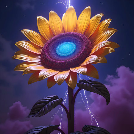 Sunflower with lightning in the night sky. 3D illustration.の素材