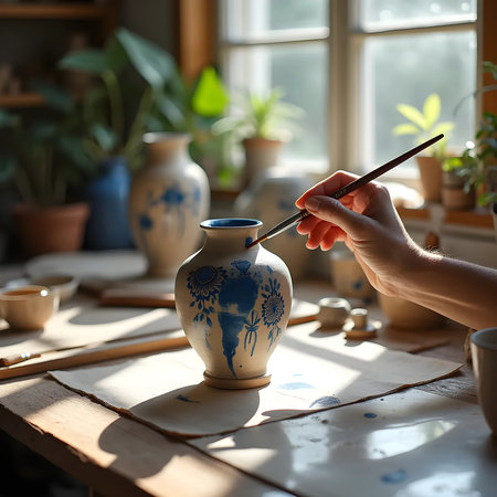 Female artist painting ceramic vase on table in pottery workshop, closeupの素材