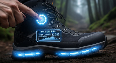 Hiking boots on a trail in the forest 3D rendering.の素材