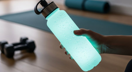 Close-up of female hands holding bottle of water on yoga matの素材