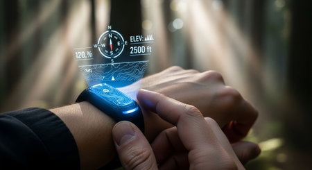 Close up of female hand using smartwatch with compass on the screenの素材