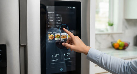 Close-up of woman using smart home automation system in kitchen at homeの素材