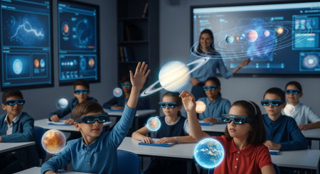 kids in 3d glasses looking at planet in classroom with teacher at backgroundの素材