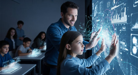 Business people working with virtual screen in office at night. Mixed mediaの素材