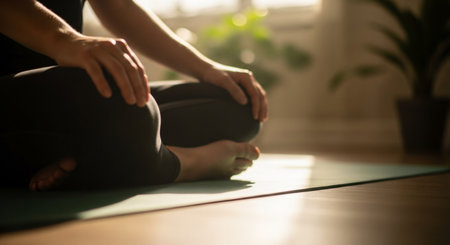 Young woman practicing yoga at home, sitting on a yoga mat.の素材