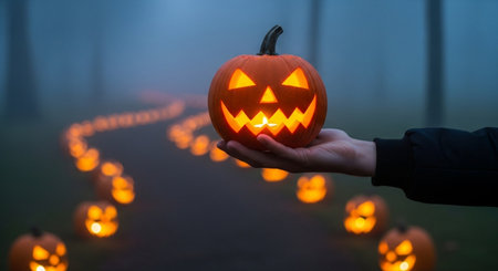 Halloween pumpkin head jack lantern in hand on dark foggy backgroundの素材