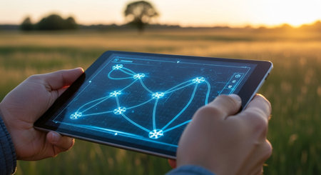 Tablet pc displaying a network concept in a field (shallow DOF; color toned image)の素材