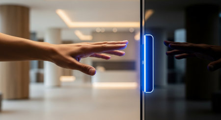 Hand of businesswoman touching blue neon light on the wall in officeの素材
