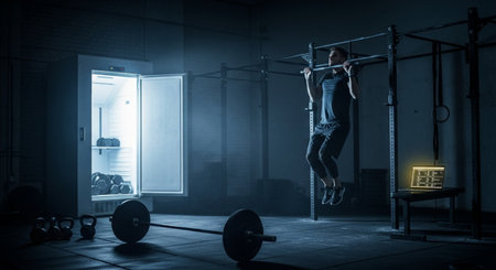 Young man doing pull-ups at crossfit gym. Mixed mediaの素材