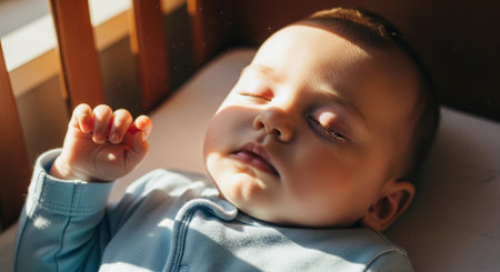 Cute baby boy sleeping on the bed in his room at homeの素材