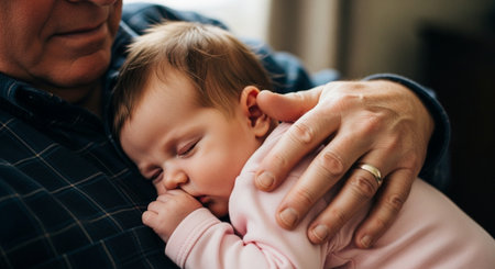 Cute baby girl sleeping with her father at home. Adorable little girl with her father.の素材
