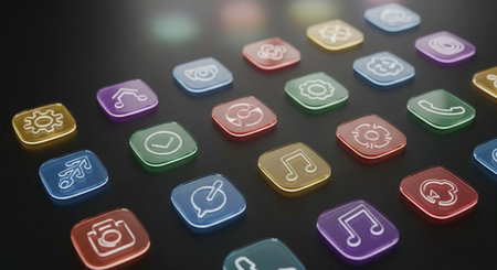 Colorful application icons on black background. 3D rendering illustration.の素材