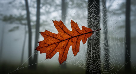 Maple leaf and spider web in the misty forest. Halloween conceptの素材