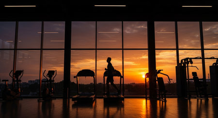 Silhouette of young woman exercising on exercise bike in gym at sunriseの素材