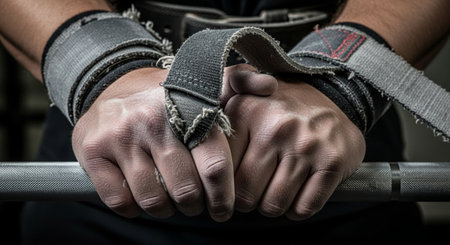 close up of a man's hands with black belt in a gymの素材