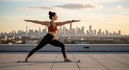 Beautiful young woman practicing yoga on the roof with a view of the cityの素材
