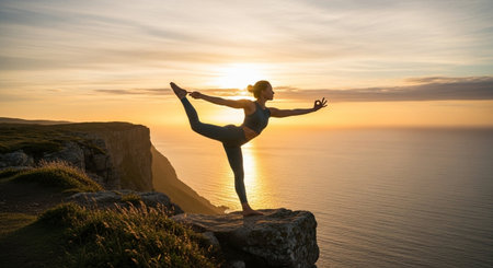 Young woman practicing yoga on the top of a cliff at sunset.の素材