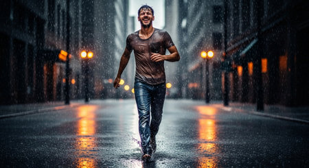 Full length portrait of a young african american man running in the rain.の素材