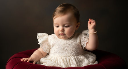 Cute little baby girl in a white dress on a dark backgroundの素材