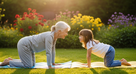 Mother and daughter doing yoga together in the park on a sunny dayの素材