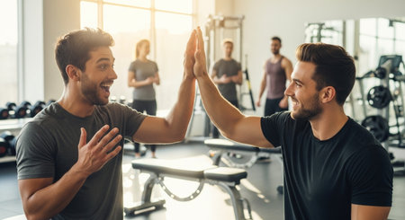 Young men in sportswear are doing exercise in the gym.の素材
