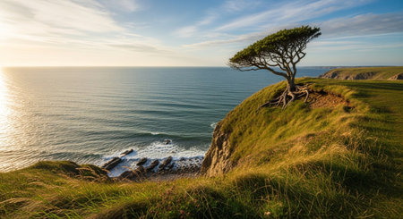 Panoramic view of a tree on the cliffs at sunset, Cornwall England UK Europeの素材