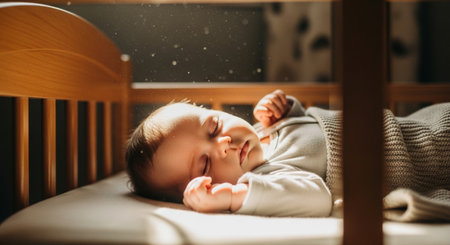 Cute little baby boy sleeping in bed at home. Adorable infant child sleeping in cot.の素材