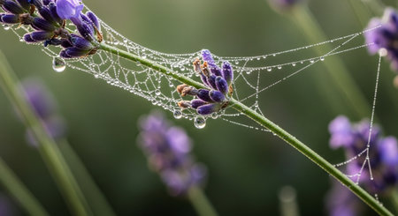 spider web with dew drops on lavender flower closeupの素材