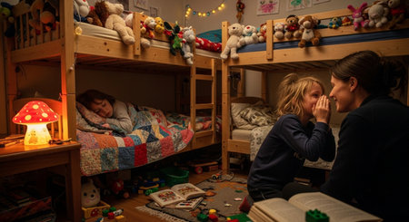 Children playing with toys in their room at home. They are sitting on the bed and laughing.の素材