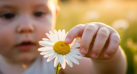 Little girl holding a daisy flower in the meadow at sunsetの素材