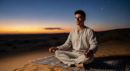 Young man meditating in the middle of the desert at sunset.の素材