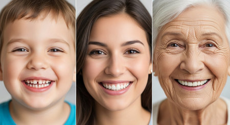 Collage of happy senior woman and child with white teeth smiling at cameraの素材