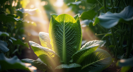 Lettuce growing in a vegetable garden in the morning light.の素材