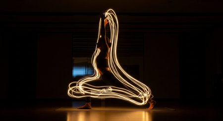 Yoga in the dark with a long exposure of a light trailの素材