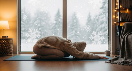 Young woman doing yoga at home on the floor near the window in winter.の素材