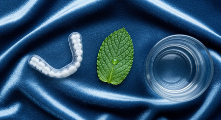 Transparent glass of water and mint leaf on blue satin backgroundの素材