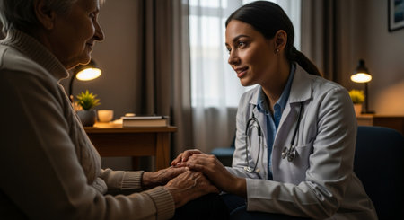 side view of female doctor holding senior patient hand while sitting in clinicの素材